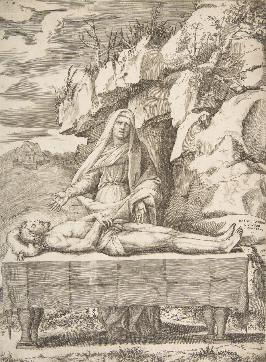 Pietà, Cristo disteso su un tavolo in un paesaggio, la Vergine dietro con le braccia aperte, 1531-76 da Giulio Bonasone