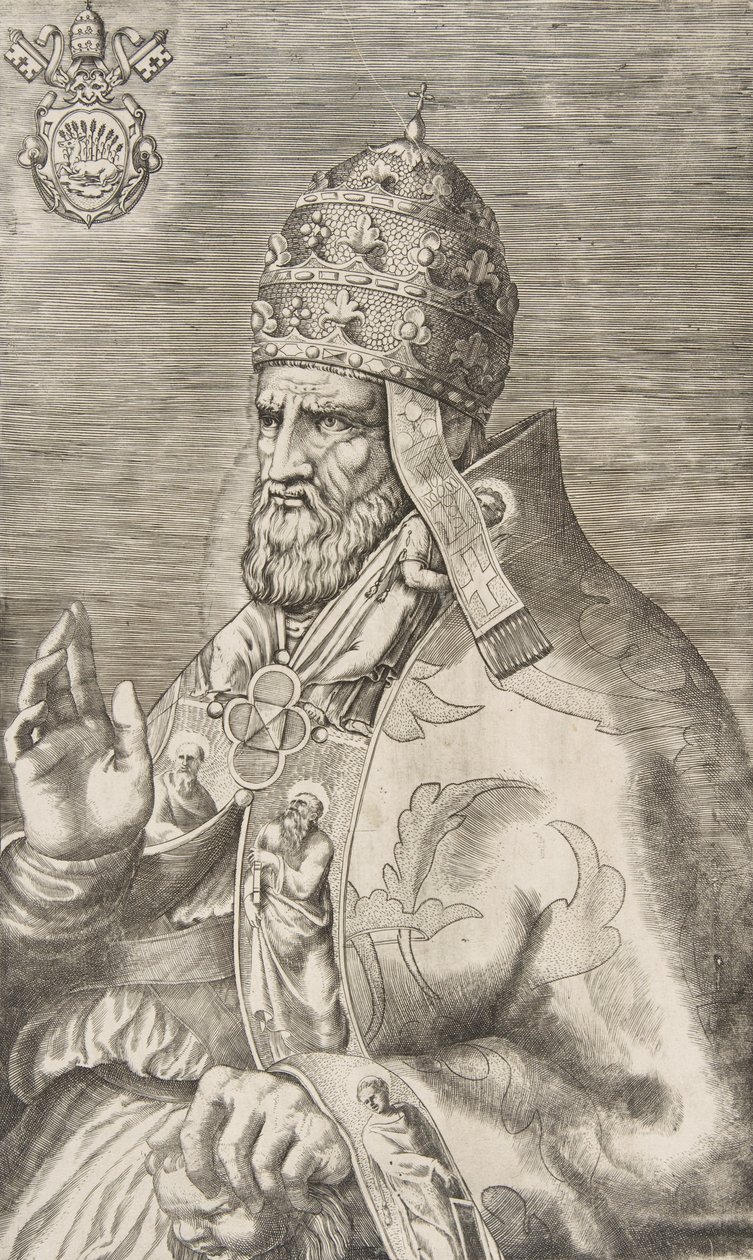 Ritratto di Papa Marcello II, mano destra alzata rivolta a sinistra da Giulio Bonasone