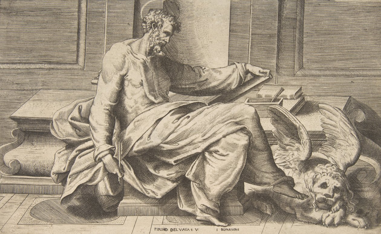 San Marco che scrive il suo vangelo, leone alato a destra da Giulio Bonasone