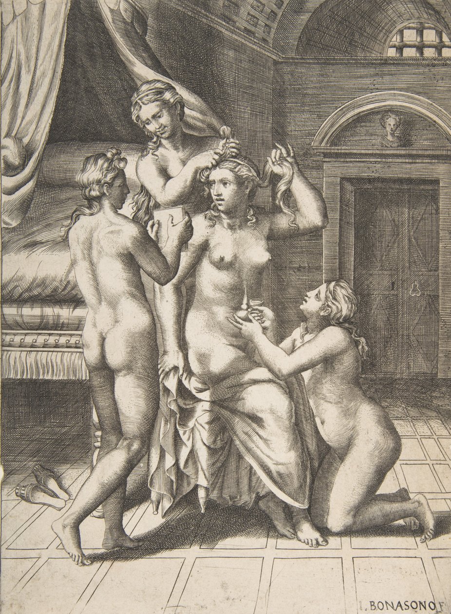 La toilette di Psiche che è seduta al centro e viene assistita da Giulio Bonasone