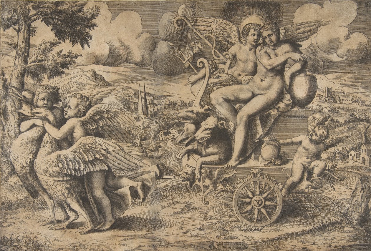 Il trionfo di Cupido e Psiche su un carro trainato da due uccelli da Giulio Bonasone