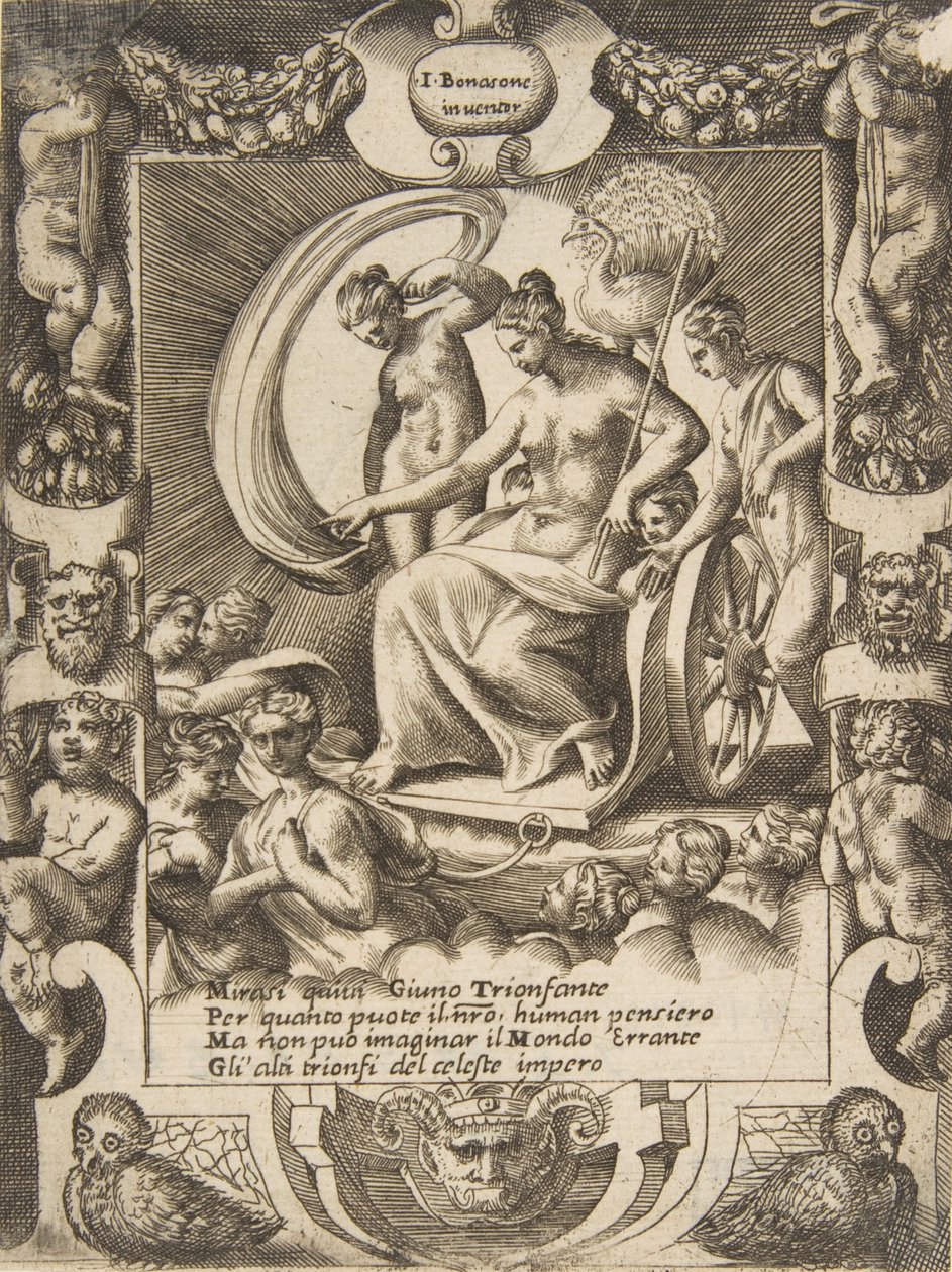 Il trionfo di Giunone seduta in una carrozza, inserita in una cornice elaborata, 1531-76 da Giulio Bonasone