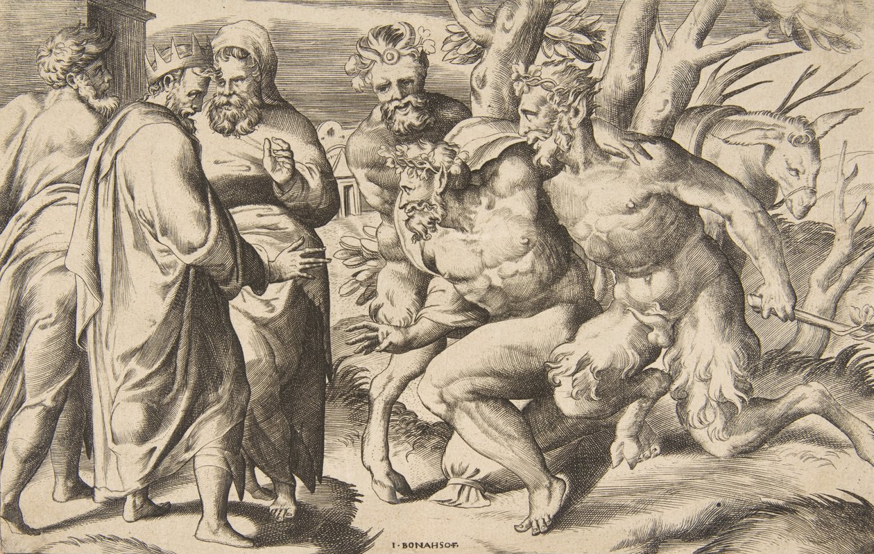 Due satiri portano Sileno, Re Mida in piedi a sinistra, 1531-76 da Giulio Bonasone