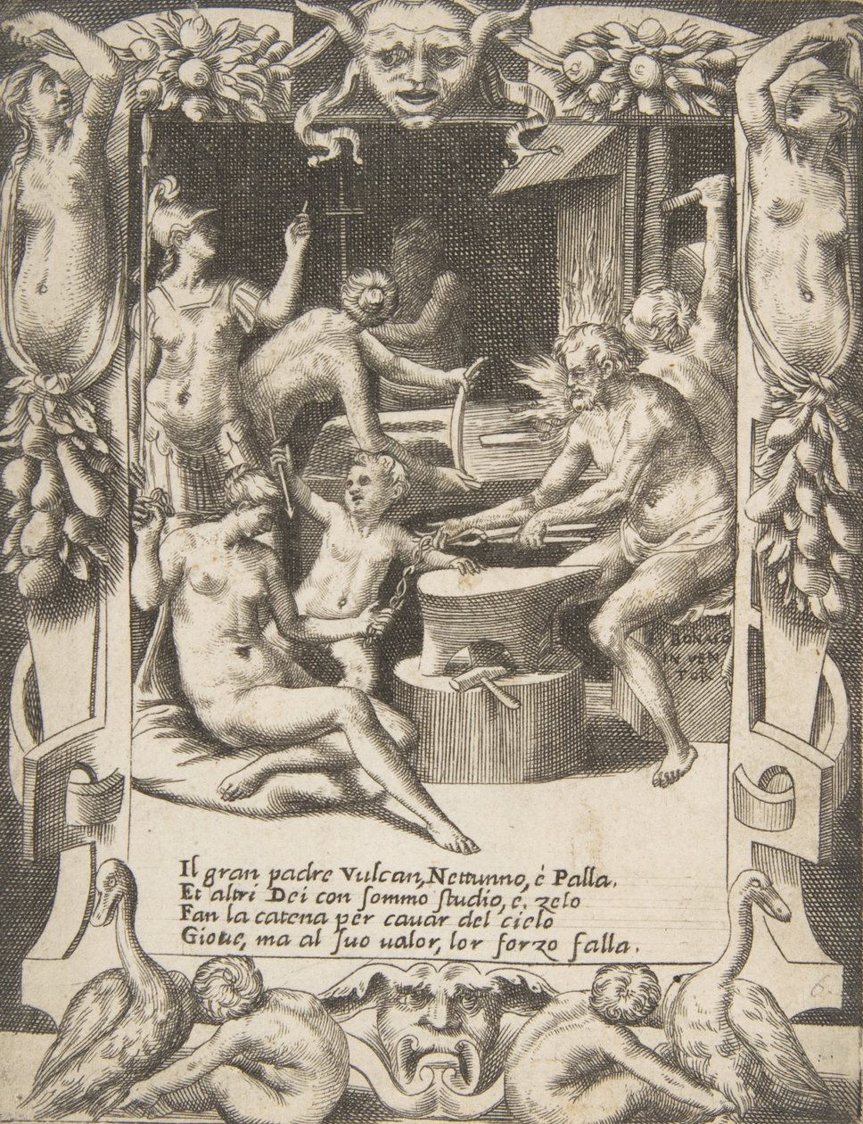Vulcano, Nettuno, Atena e altri dei che fabbricano catene per tirare Giove dal cielo (dettaglio) da Giulio Bonasone
