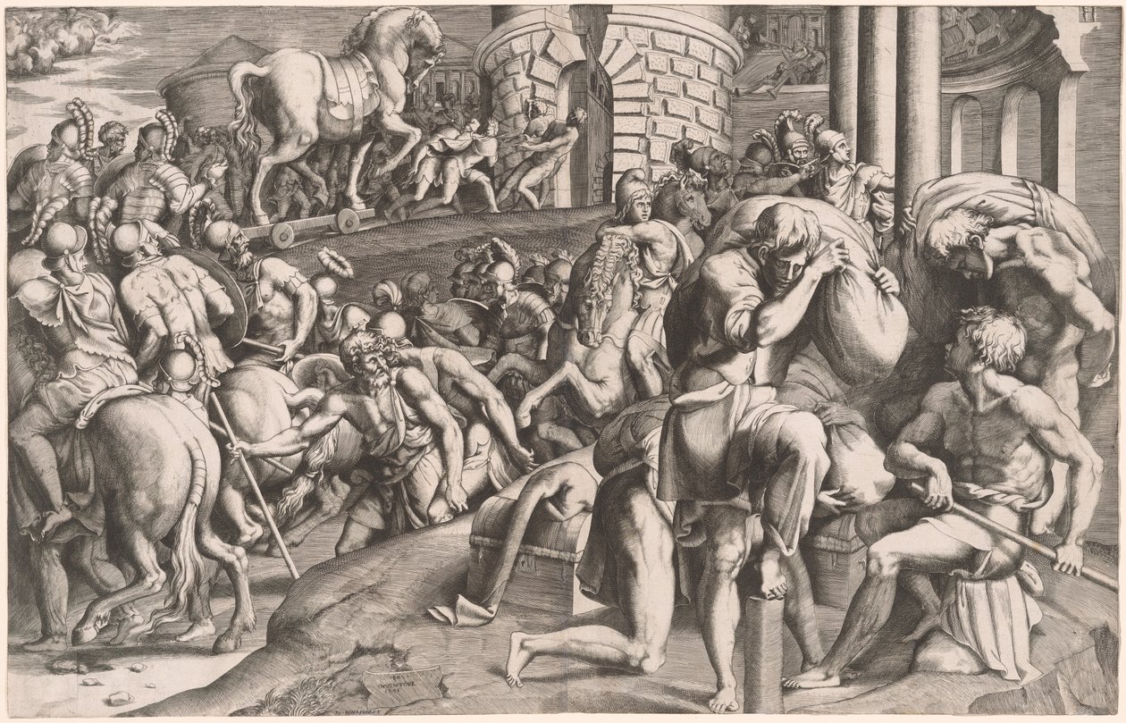 I Troiani trascinano il cavallo di legno a Troia da Giulio Bonasone, after Francesco Primaticcio