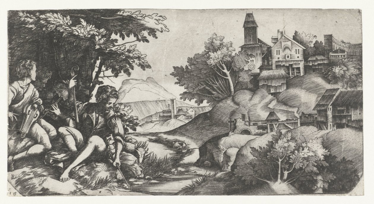 Pastori che suonano in un paesaggio da Giulio Campagnola