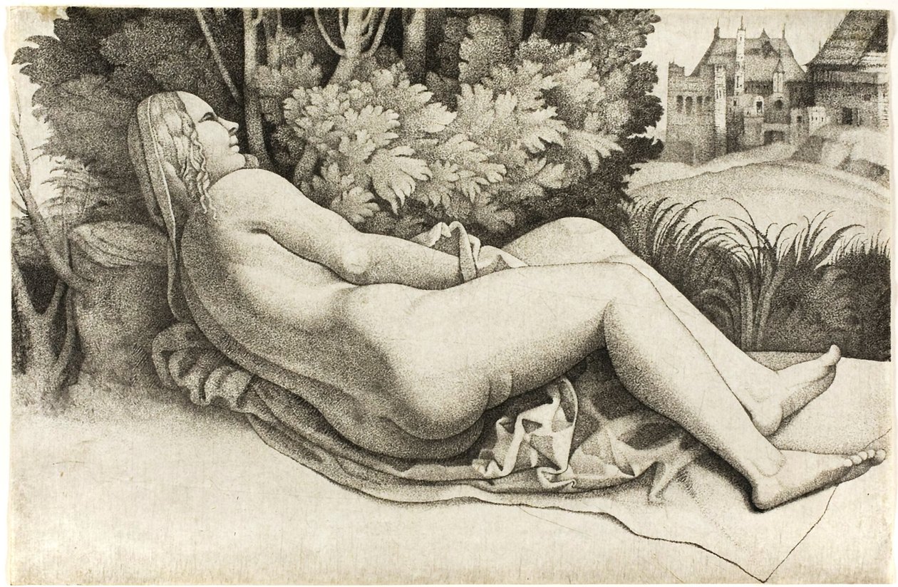Donna distesa in un paesaggio da Giulio Campagnola