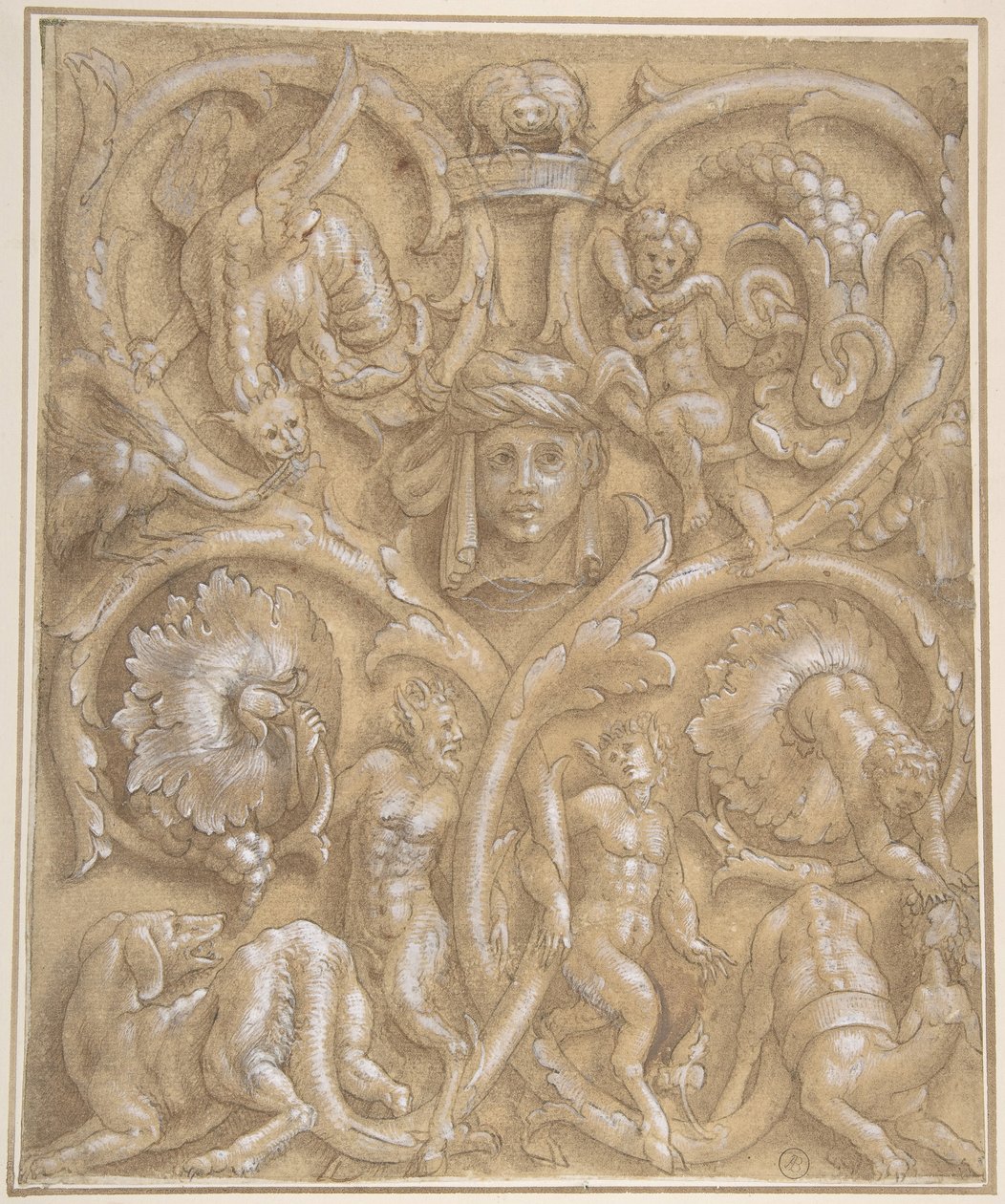 Progetto per un pannello ornamentale con rinceaux, satiri, putti, mostri e una testa umana, 1535-45 da Giulio Campi.