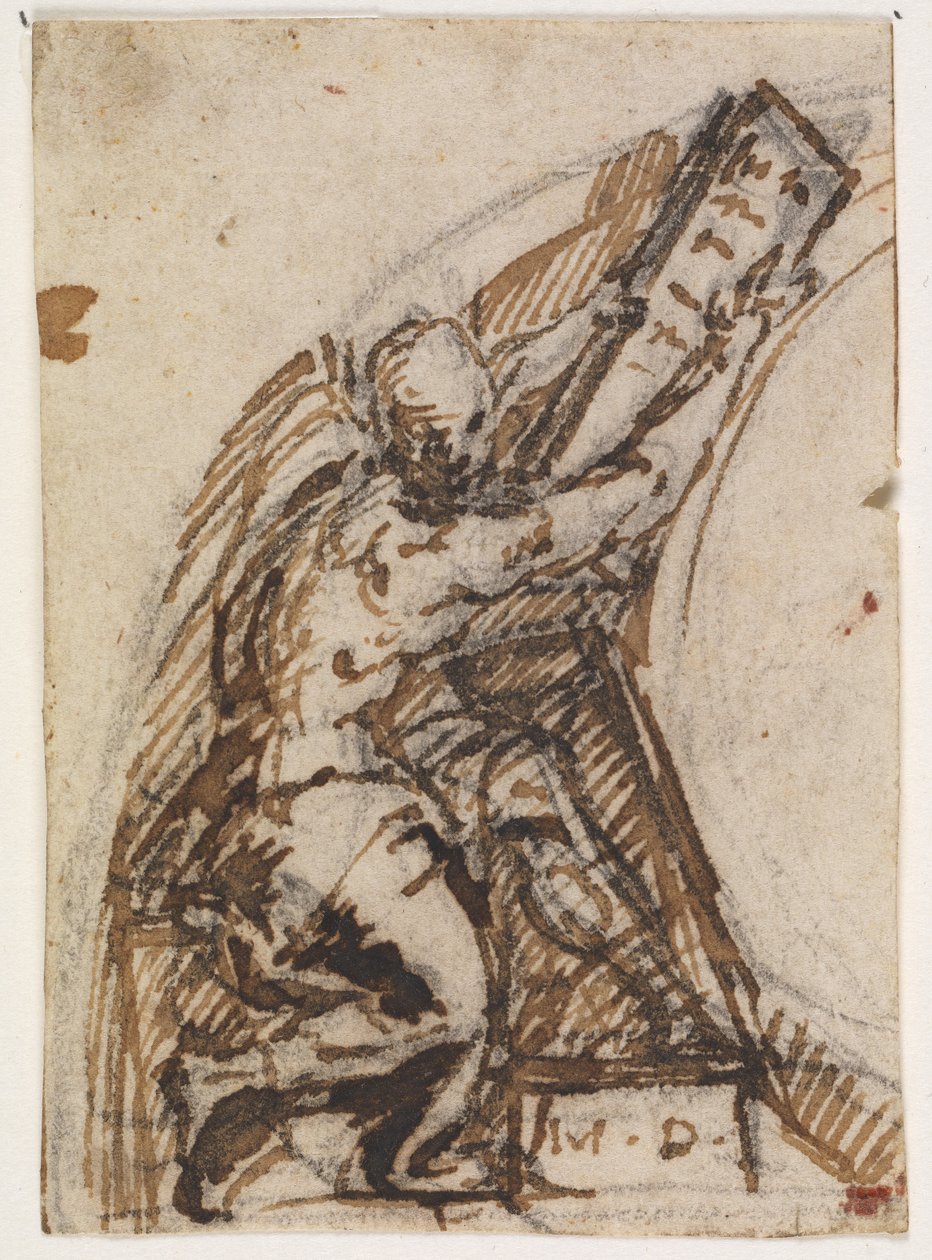 Uomo seduto con tavoletta di scrittura (?). Dettaglio architettonico da Giulio Campi