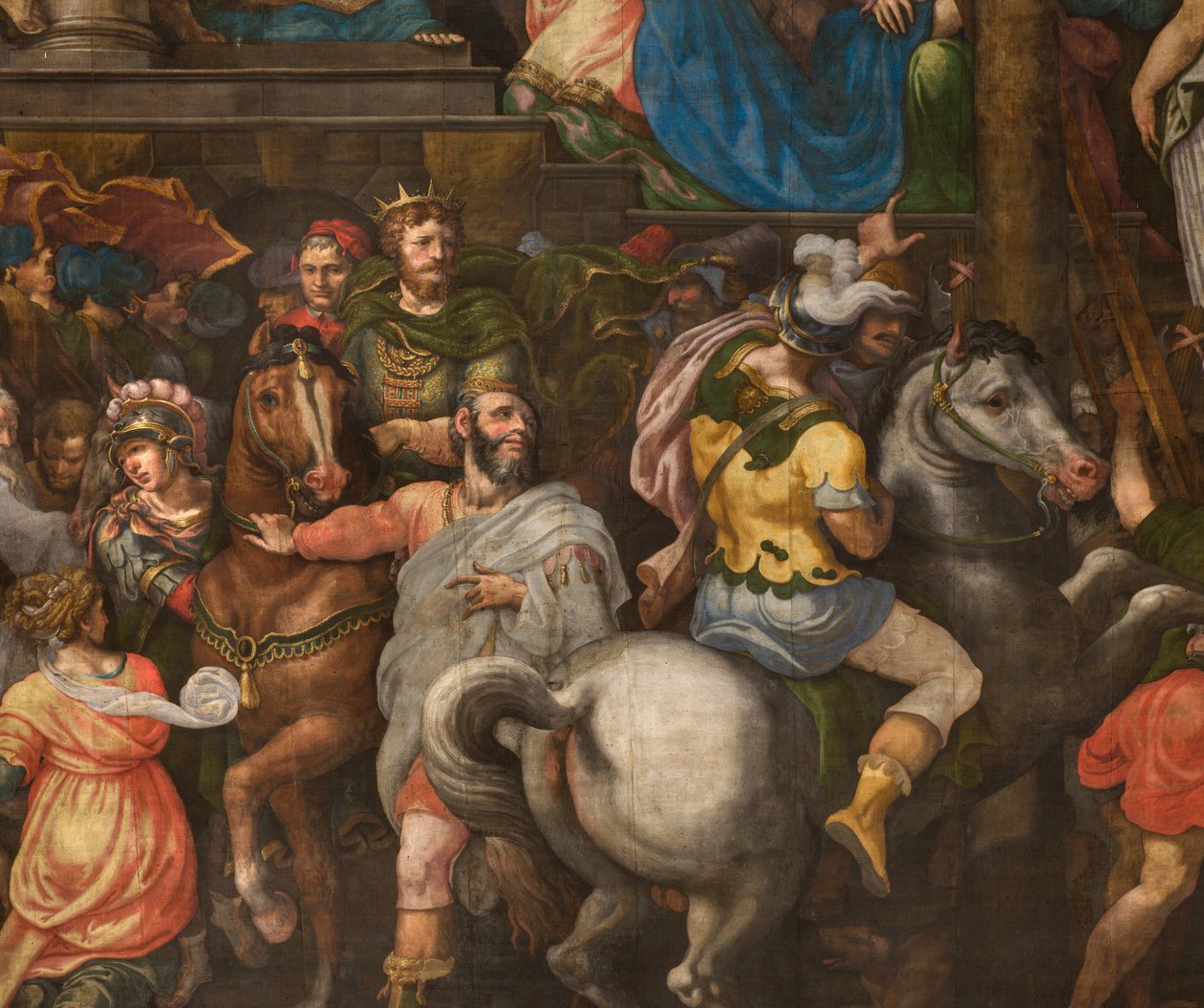 Parete opposta alla controfacciata del transetto sud, Giuseppe Campi, Trionfo di Mardocheo 1567, (dettaglio parte inferiore) da Giulio Campi