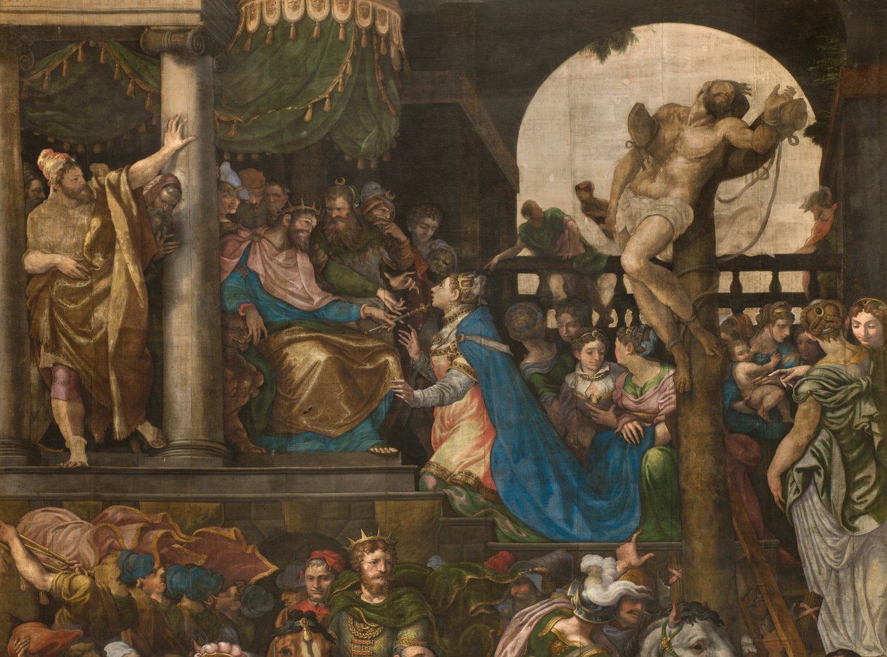 Parete opposta alla controfacciata del transetto sud, Giuseppe Campi, Trionfo di Mardocheo 1567, (dettaglio) da Giulio Campi