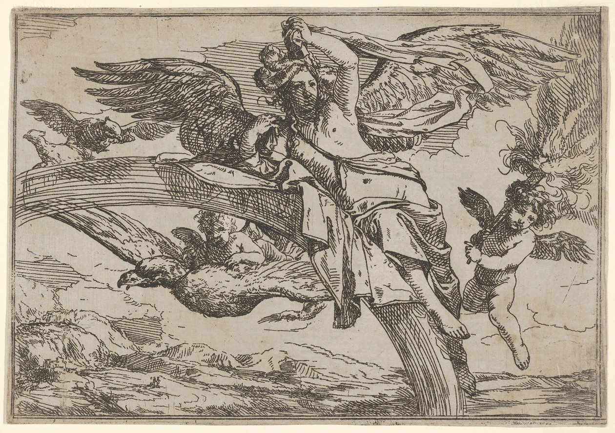 Aria, rappresentata da Iris sdraiata sul suo arcobaleno, accompagnata da un putto alato da Giulio Carpioni