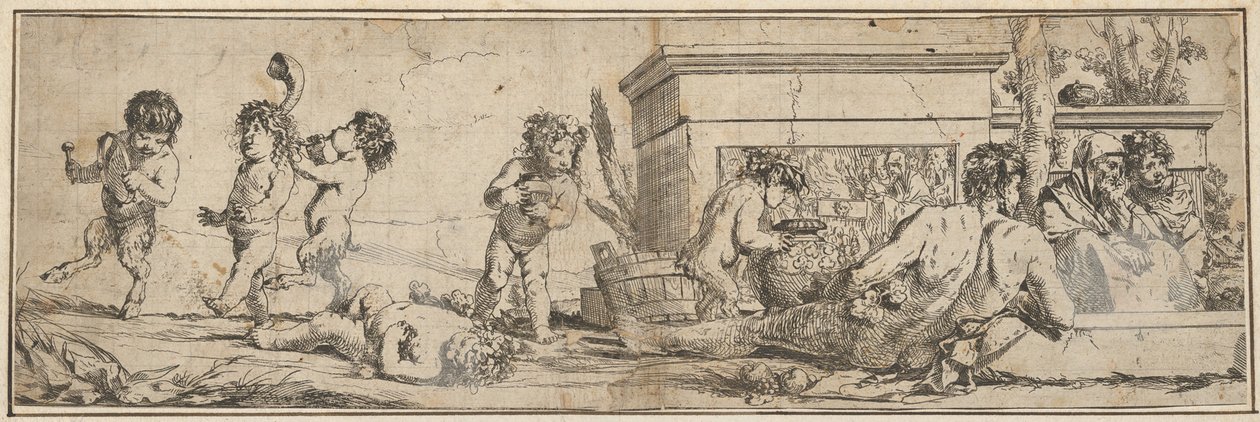 Baccanale con satiri infanti e putti a sinistra, una figura maschile nuda reclina davanti da Giulio Carpioni