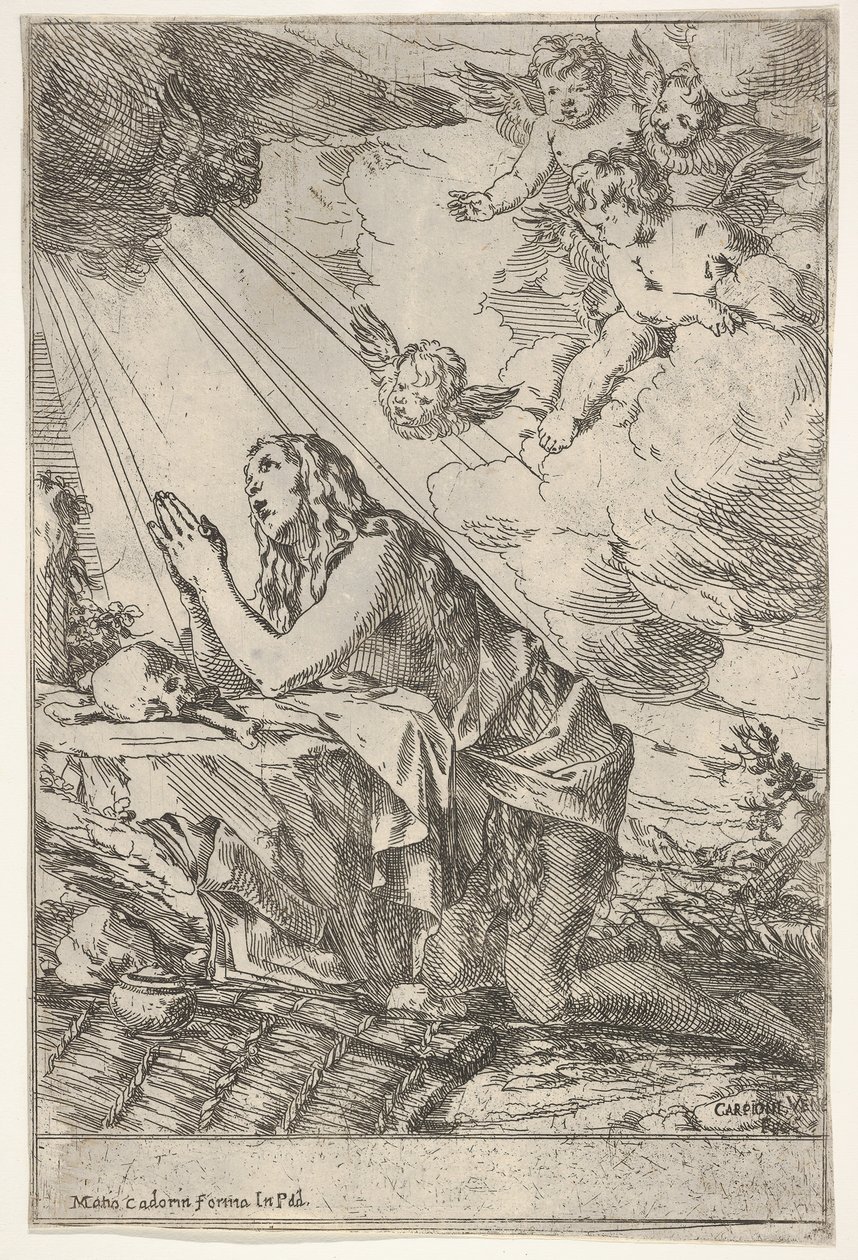 Maddalena penitente inginocchiata su un terreno roccioso davanti a un teschio e ossa, un unguento, ca. 1640-55 da Giulio Carpioni
