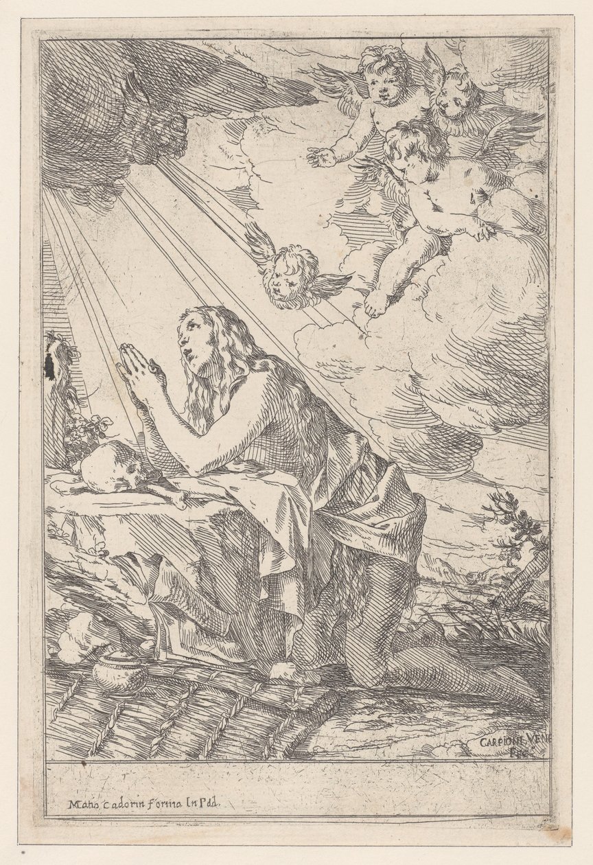 La penitente Santa Maria Maddalena, inginocchiata davanti a un teschio e ossa da Giulio Carpioni