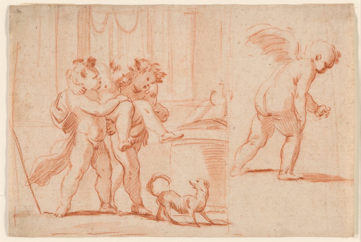 Due putti che portano un terzo putto; un altro putto di spalle da Giulio Carpioni