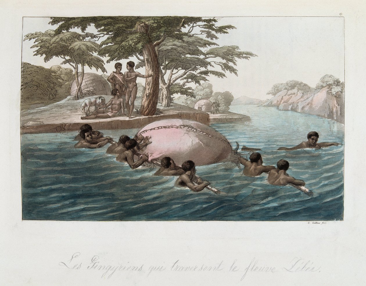 Residenti di Zanzibar che attraversano il fiume Lebee a nuoto - in "Il costume antico e moderno" di Ferrario, ed. Milano da Giulio Ferrario