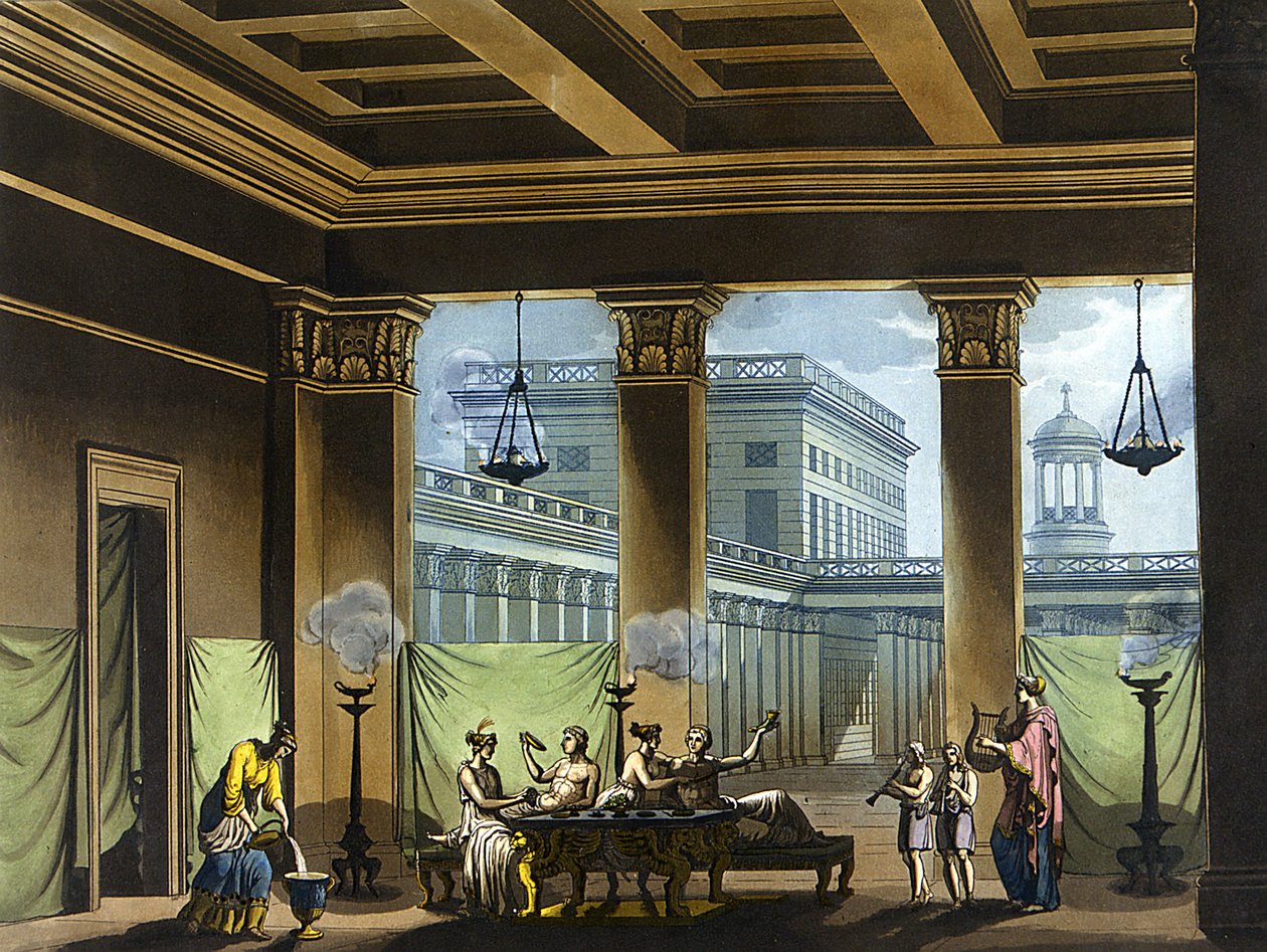 Triclinium illuminato con lampade a olio nell