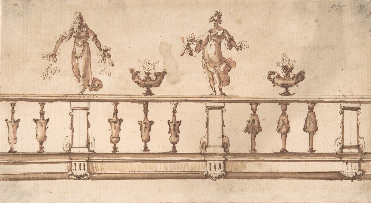 Progetto per una balaustra con figure femminili e urne, XVI-XVII secolo da Giulio Parigi