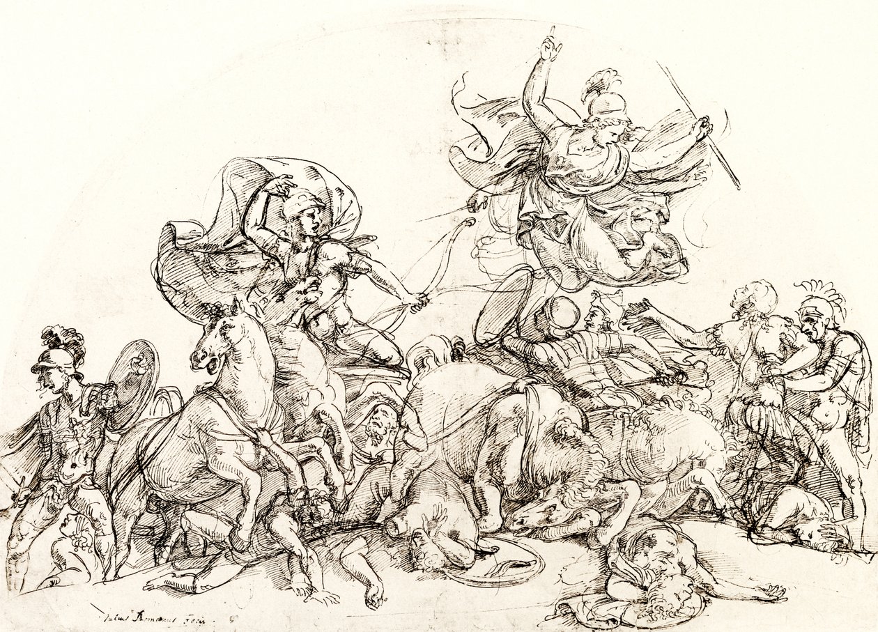 Diomede, ferito da Pandaro, è confortato da Pallade Atena da Giulio Romano