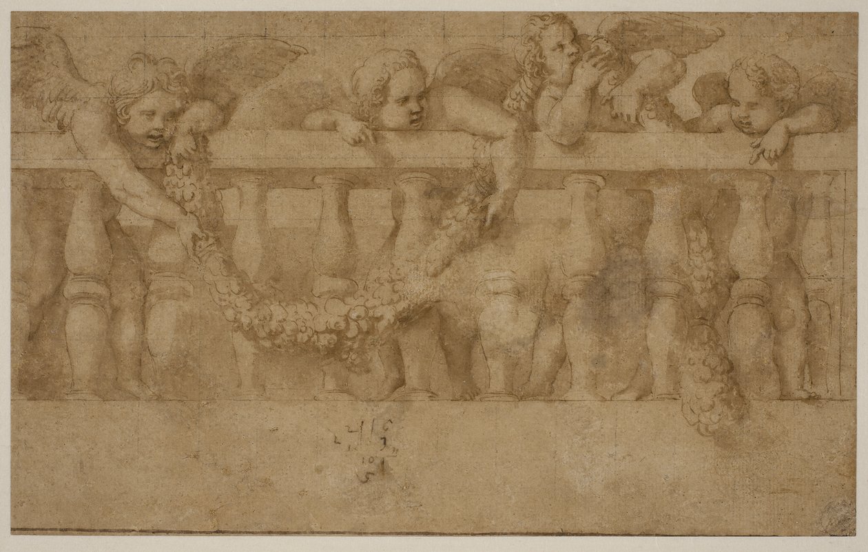 Quattro putti alati che decorano una balaustra con ghirlande da Giulio Romano