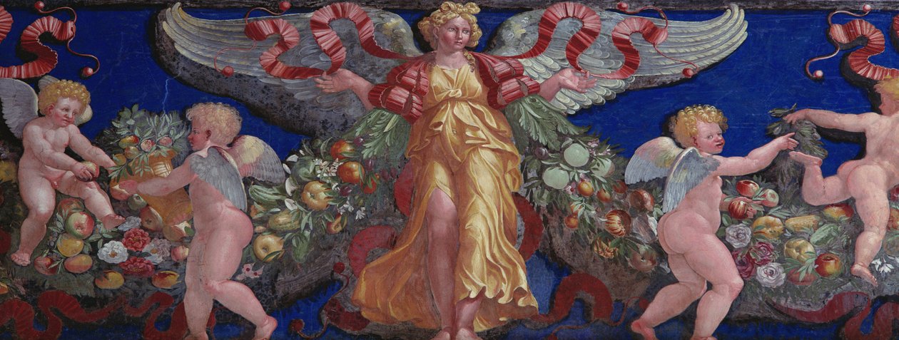 Fregio dalla Camera con Fregio di Amorini (dettaglio di un angelo in un vestito dorato con ali spiegate, 1520s) da Giulio Romano