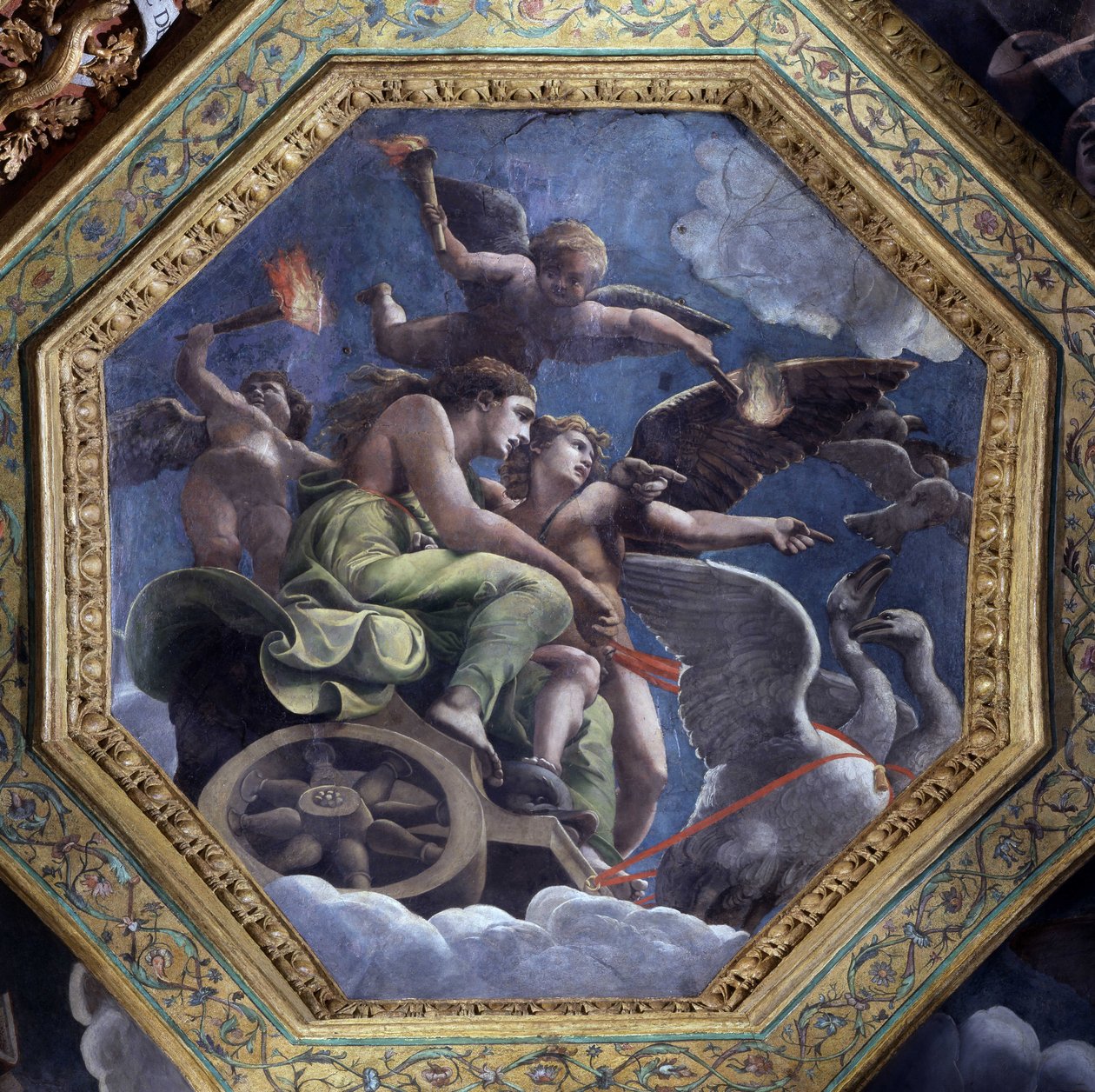 Venere furiosa assegna Psiche a Cupido per punirla. Affresco di Giulio Pippi de