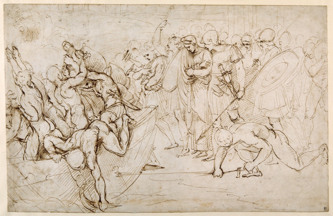 Neottolemo che porta Andromaca in cattività dopo la caduta di Troia da Giulio Romano
