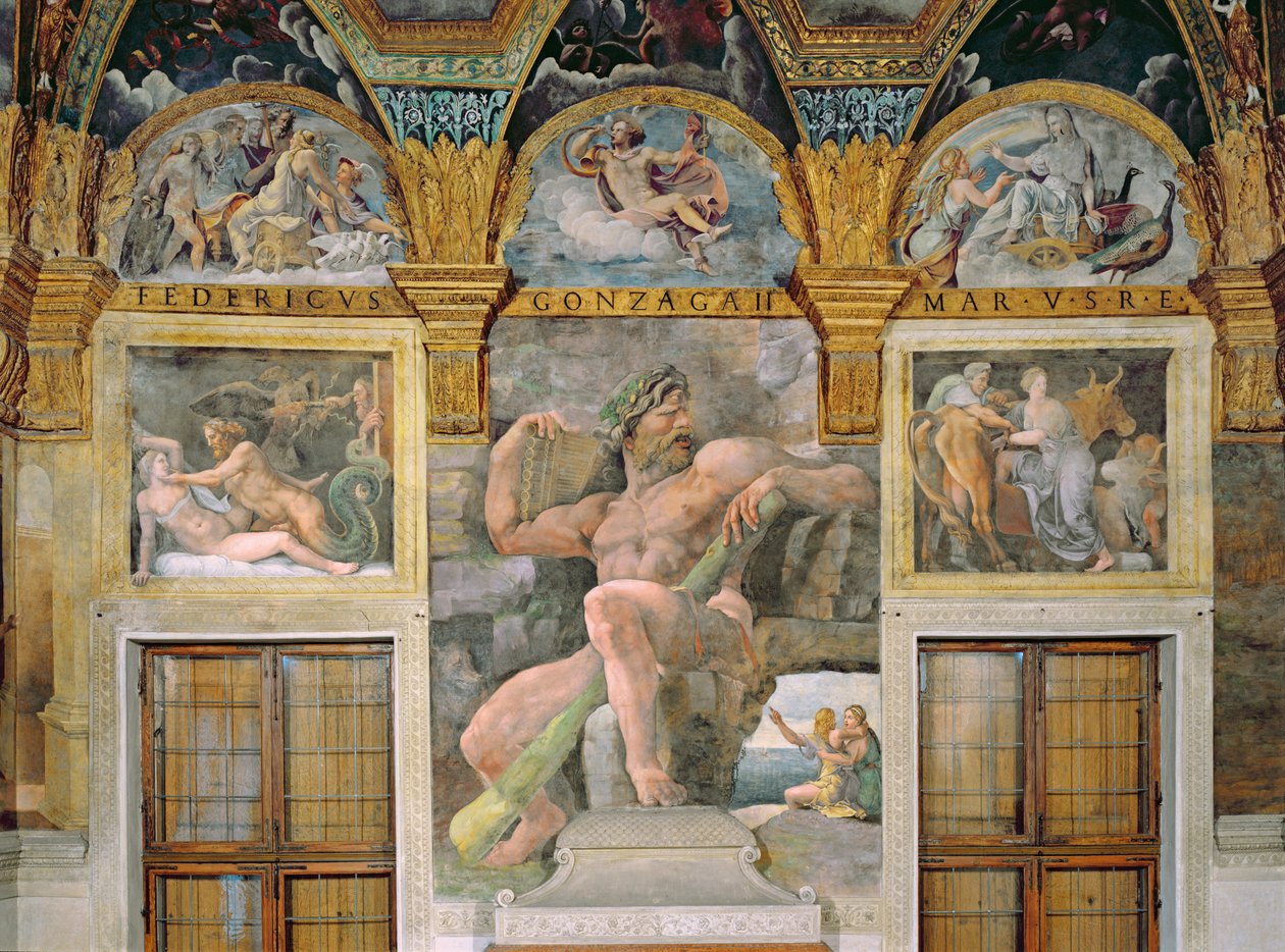 Olimpia sedotta da Giove, Polifemo che sorveglia Aci e Galatea, Pasifae che entra nella mucca costruita da Dedalo, dalla Sala di Amore e Psiche da Giulio Romano