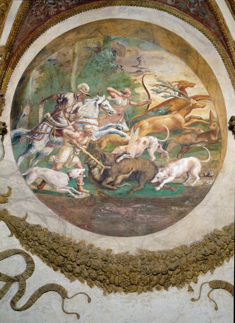 Scena che mostra che coloro nati sotto il segno del Cancro in congiunzione con la costellazione di Marte saranno abili nella caccia e nella pesca, simboleggiata da una scena di caccia, dalla Camera dei Venti da Giulio Romano