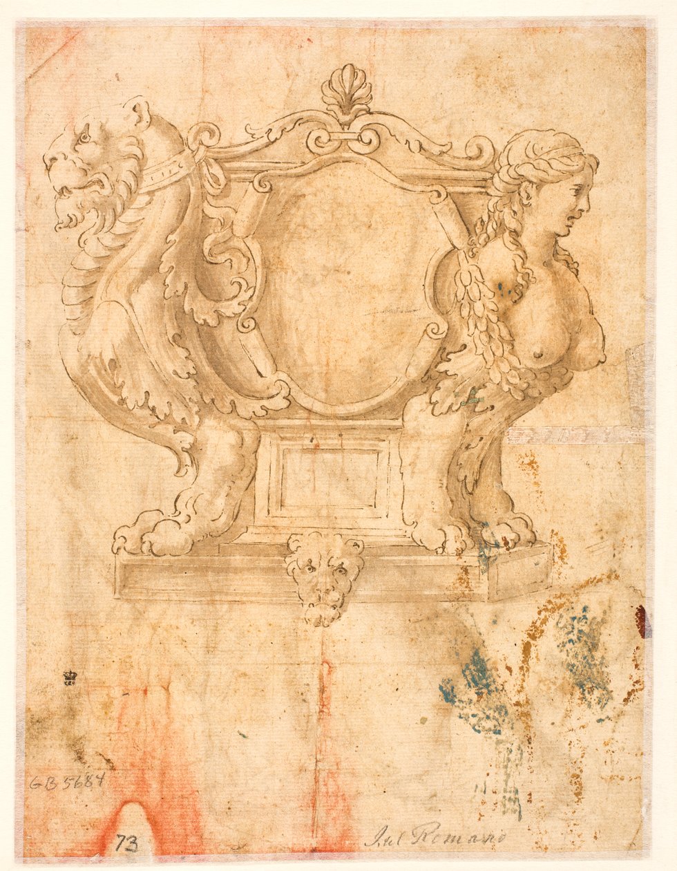 Skulptierter Sarg oder Sarg mit leerem Wappenschild da Giulio Romano