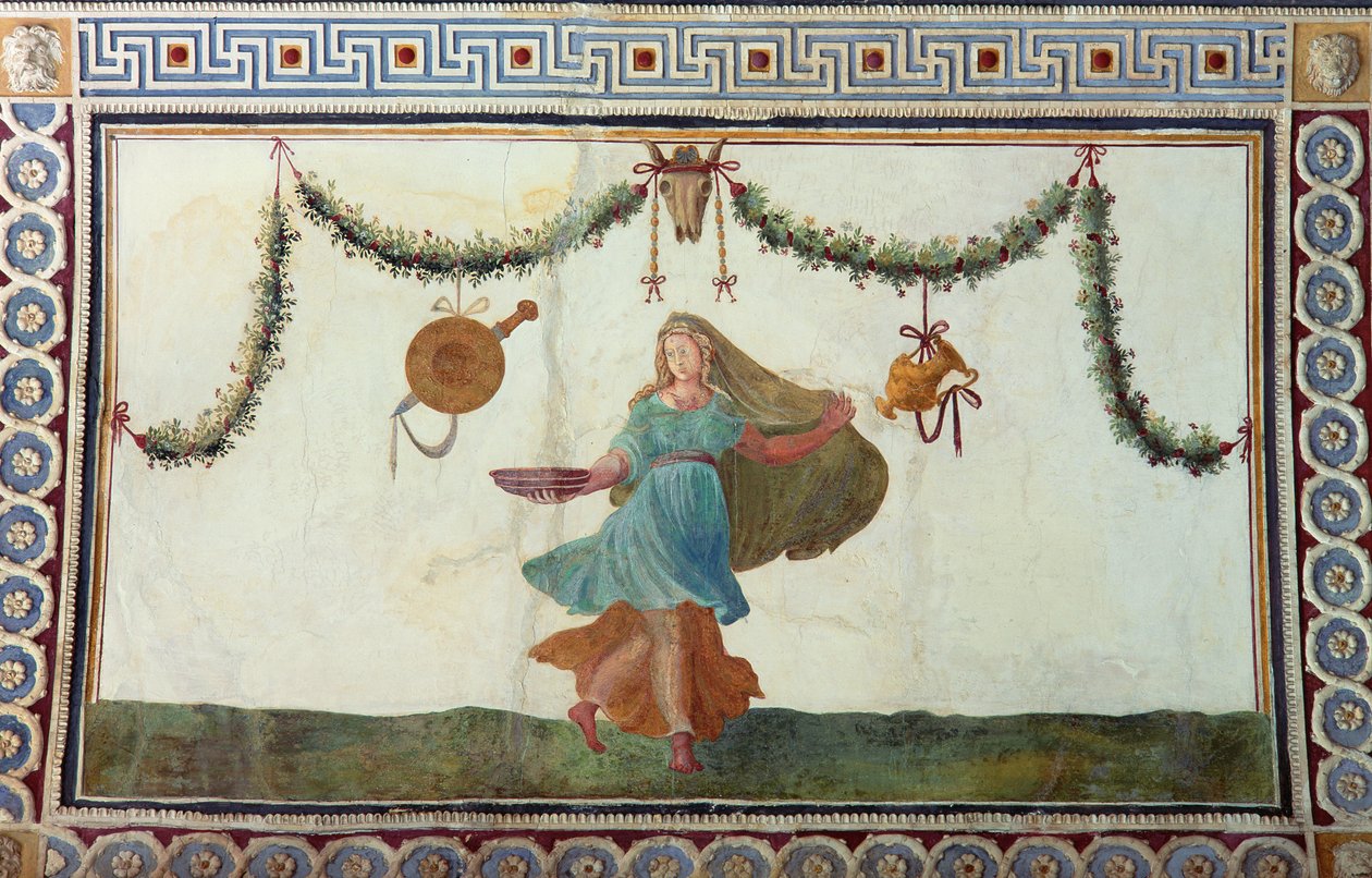 La Camera con Fregio di Amorini (dettaglio del soffitto che raffigura una donna che tiene una ciotola, 1520s) da Giulio Romano