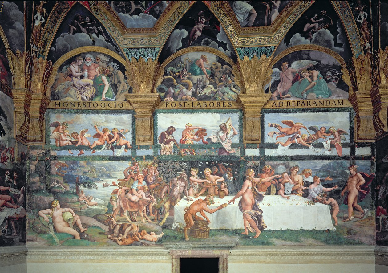 Il banchetto rustico che celebra il matrimonio di Cupido e Psiche, con le tre lunette sopra che raffigurano una delle prove di Psiche per riportare dall