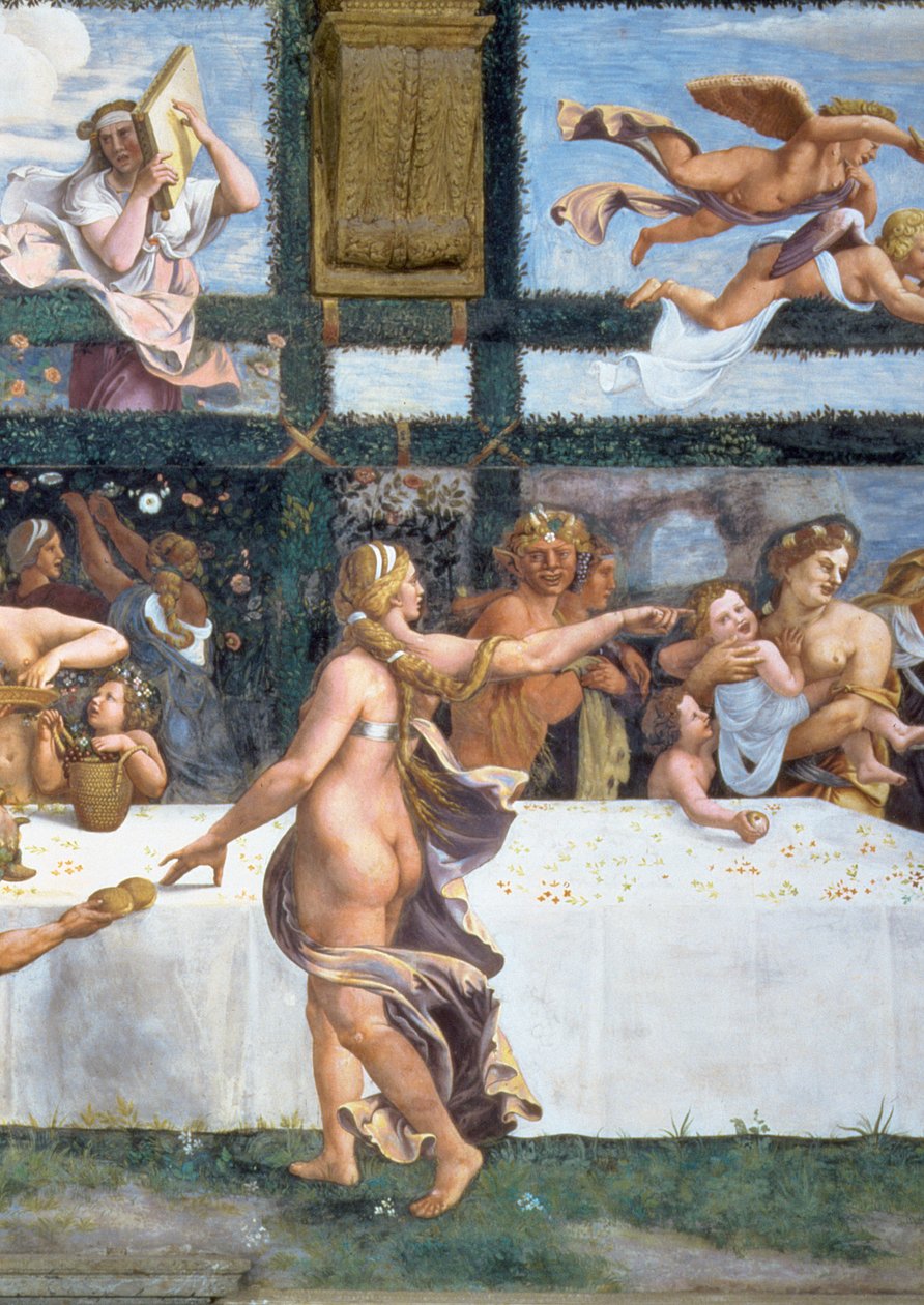 Il banchetto rustico che celebra il matrimonio di Cupido e Psiche, con le tre lunette sopra che raffigurano una delle prove di Psiche per riportare dall