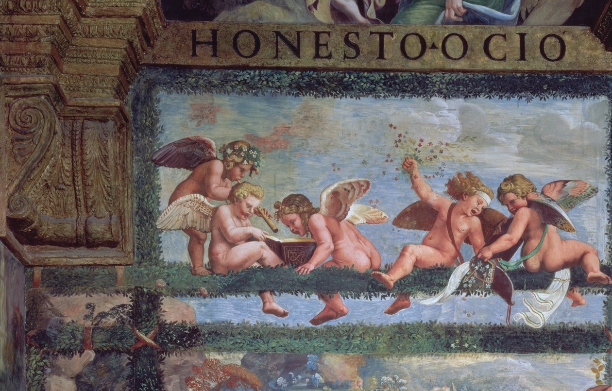 Il banchetto rustico, dettaglio di putti che fanno musica, dalla Sala di Amore e Psiche, 1528 (dettaglio) da Giulio Romano