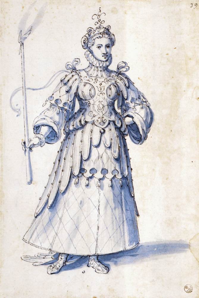 Disegno di costume di una figura femminile con torcia da Giuseppe Arcimboldo