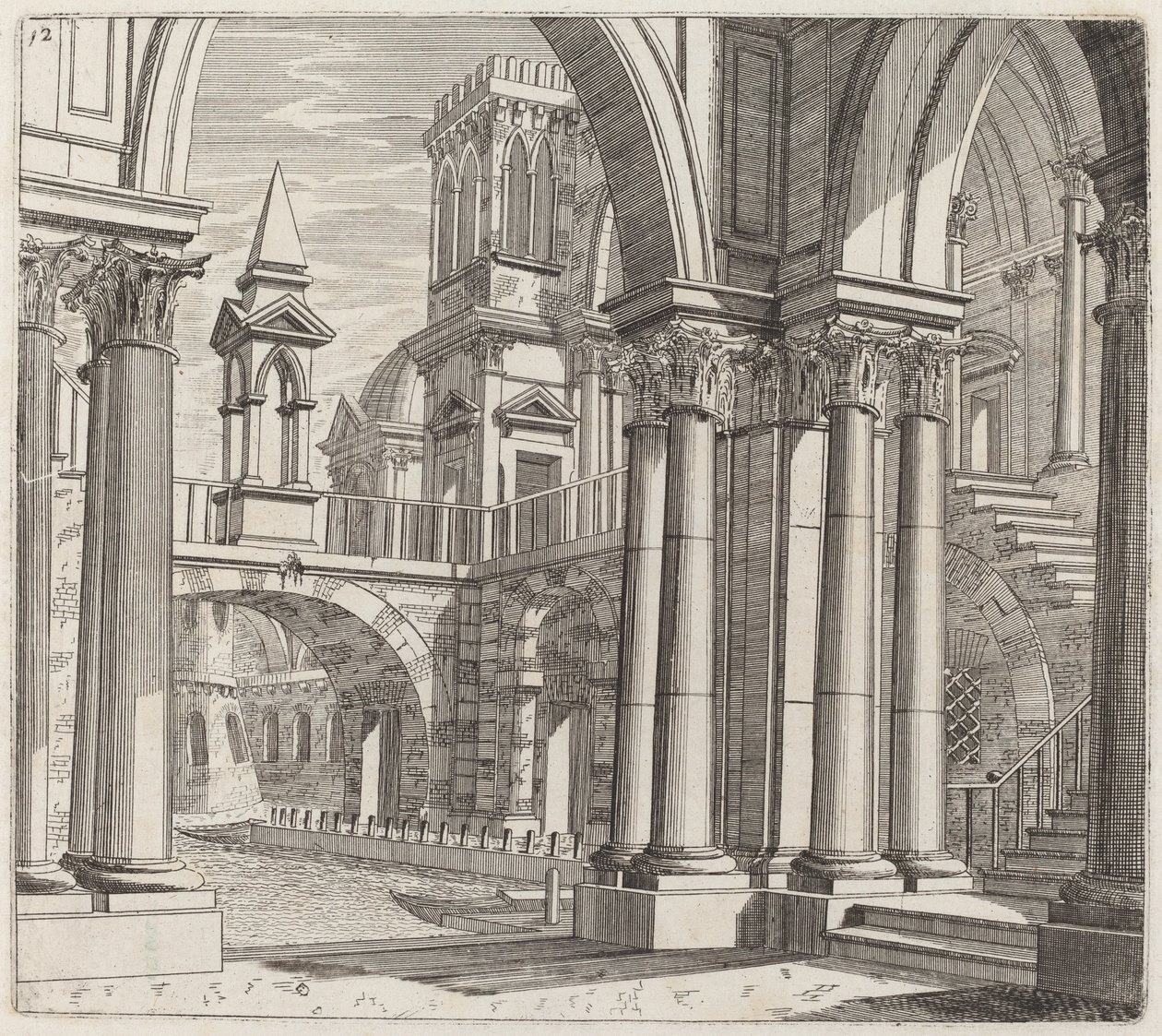 Fantasia architettonica con edifici, scale e portali accanto a un canale da Giuseppe Antonio Landi