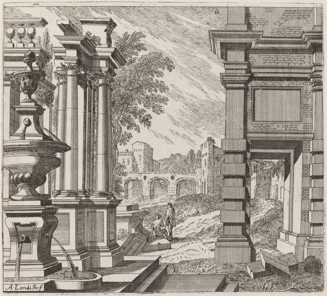 Fantasia architettonica con una fontana, rovine classiche e un ponte da Giuseppe Antonio Landi