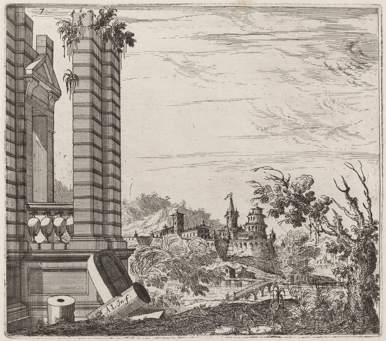 Paesaggio fluviale fantastico con rovine e un castello da Giuseppe Antonio Landi