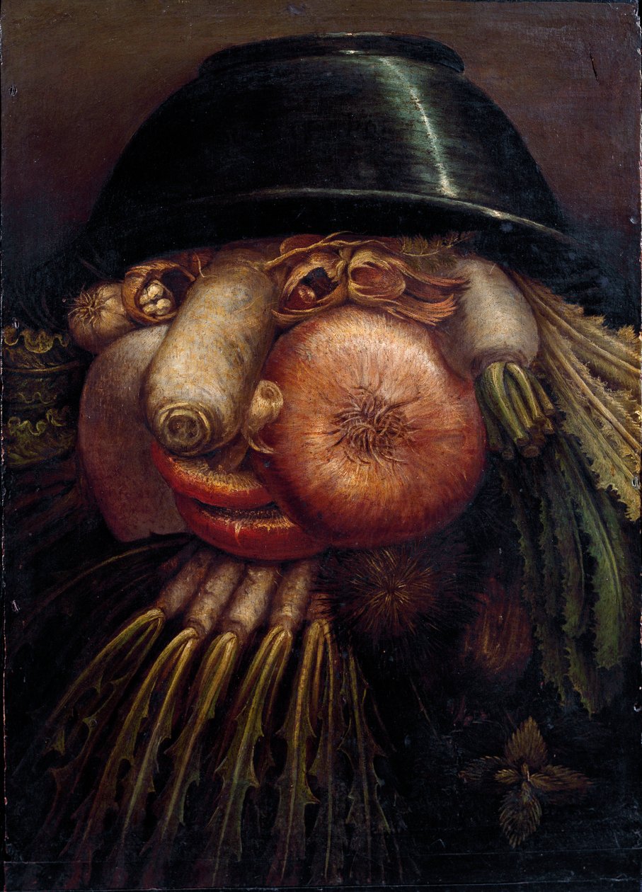 Ritratto con verdure (Il Maraicher). Tra le verdure e i frutti rappresentati: noci, ravanello, fungo, aglio, castagna, cipolla, insalata, nocciola e rapa. Dipinto di Giuseppe Arcimboldo da Giuseppe Arcimboldo