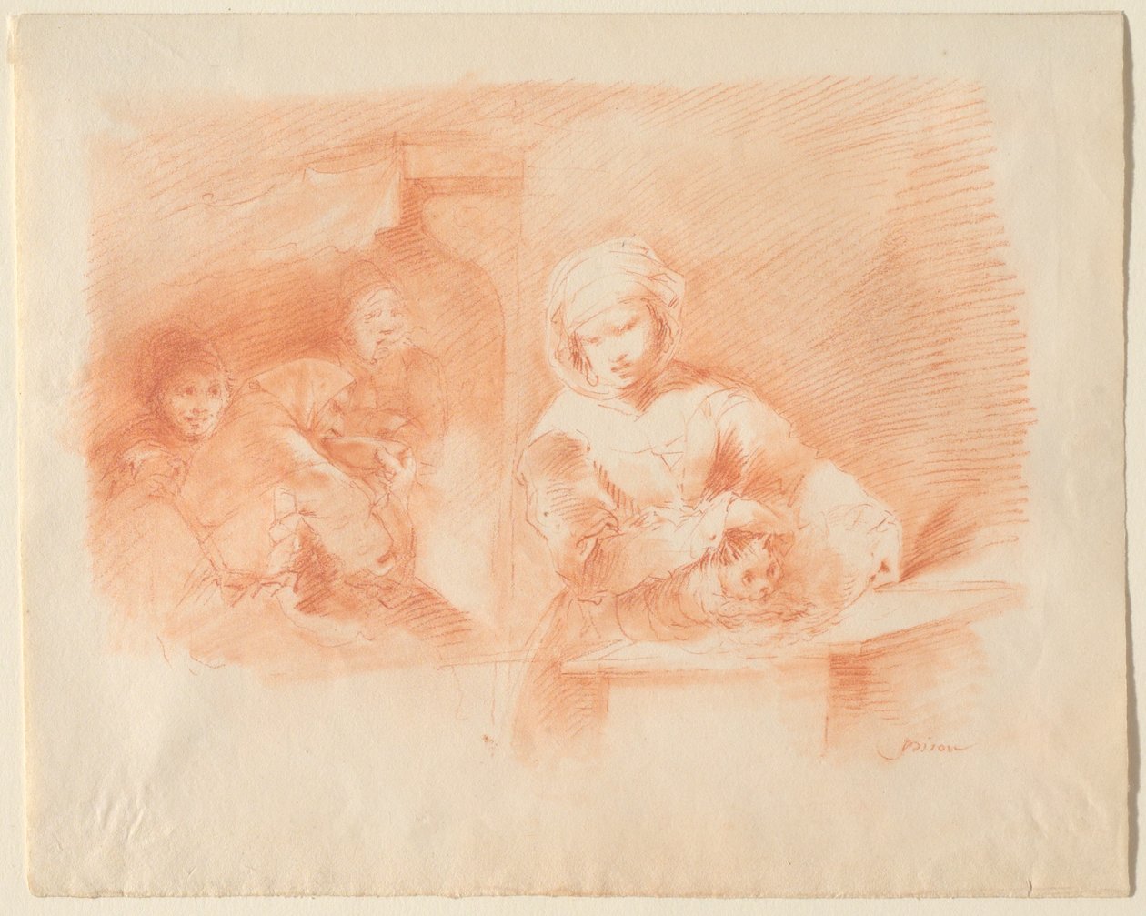 Häusliche Szene mit Bauern und einer Katze da Giuseppe Bernardino Bison
