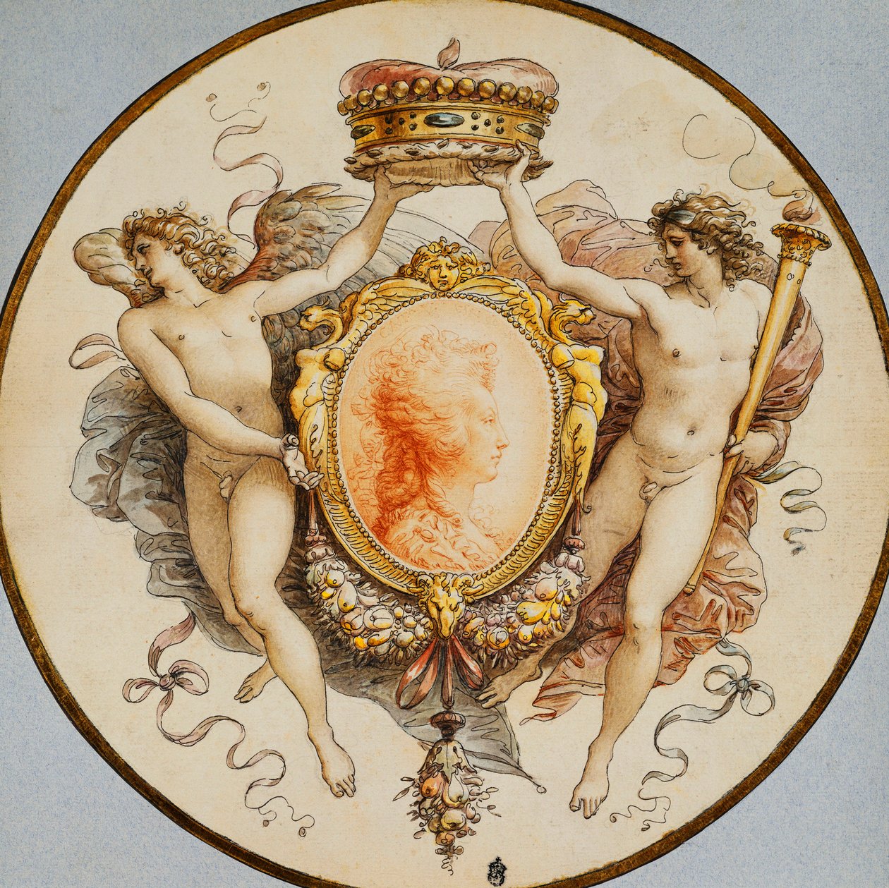 Ritratto ovale di una donna di profilo con una cornice decorativa di grottesche e festoni, con figure allegoriche di Fama e Vittoria ai lati che tengono una corona da Giuseppe Cades