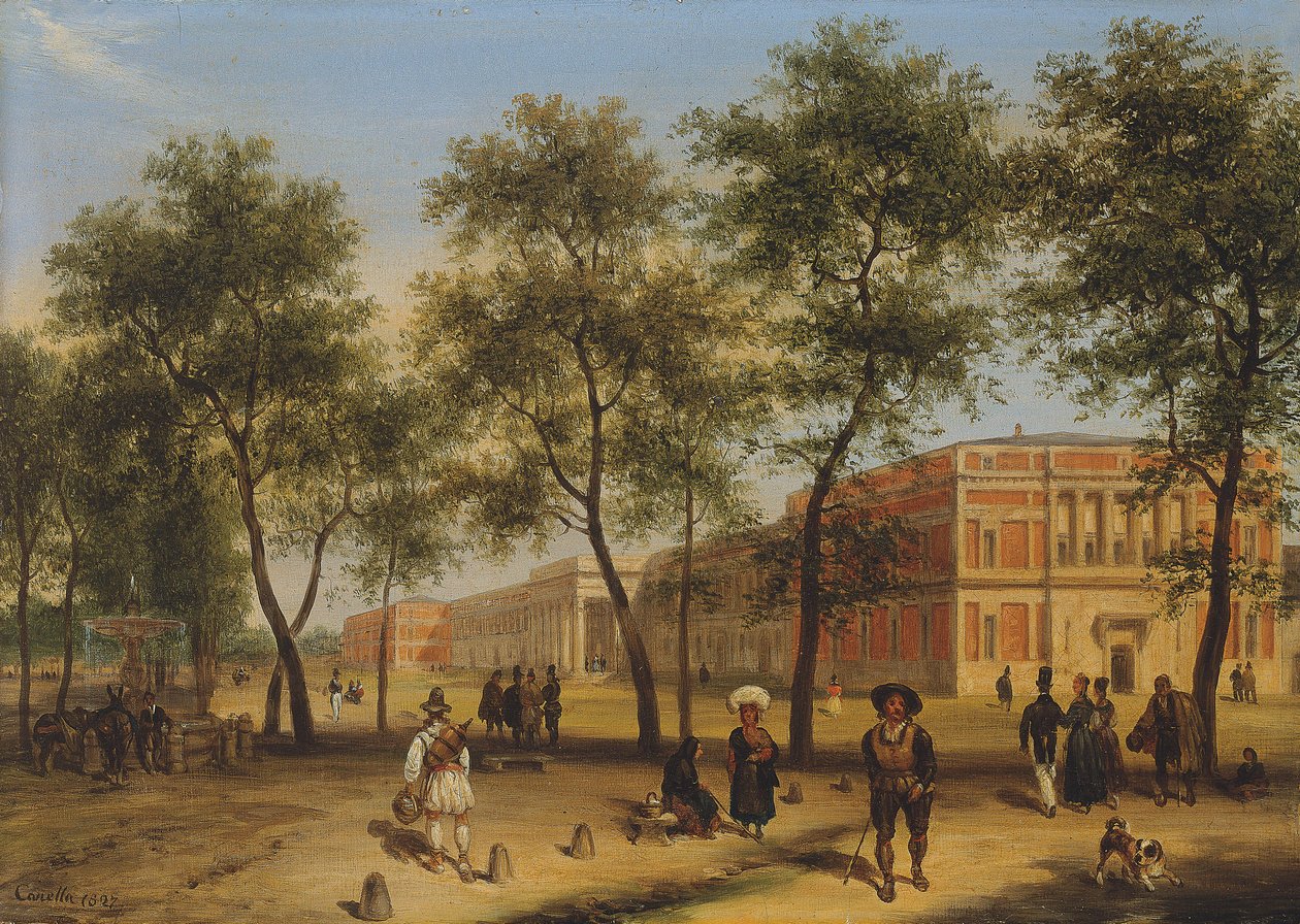 Vista presunta del Paseo del Prado con il Museo del Prado, Madrid, 1827 da Giuseppe Canella