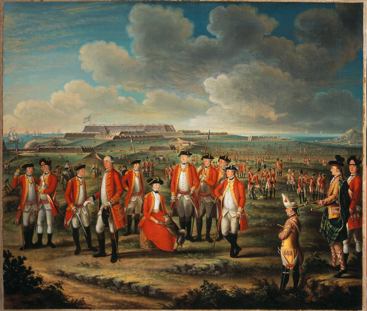 Lady Louisa Lennox con il reggimento di suo marito, 25º Reggimento di Fanteria, con Lord George Lennox accanto a lei e Fort St Philip, Port Mahon, sullo sfondo, c.1771 da Giuseppe Chiesa