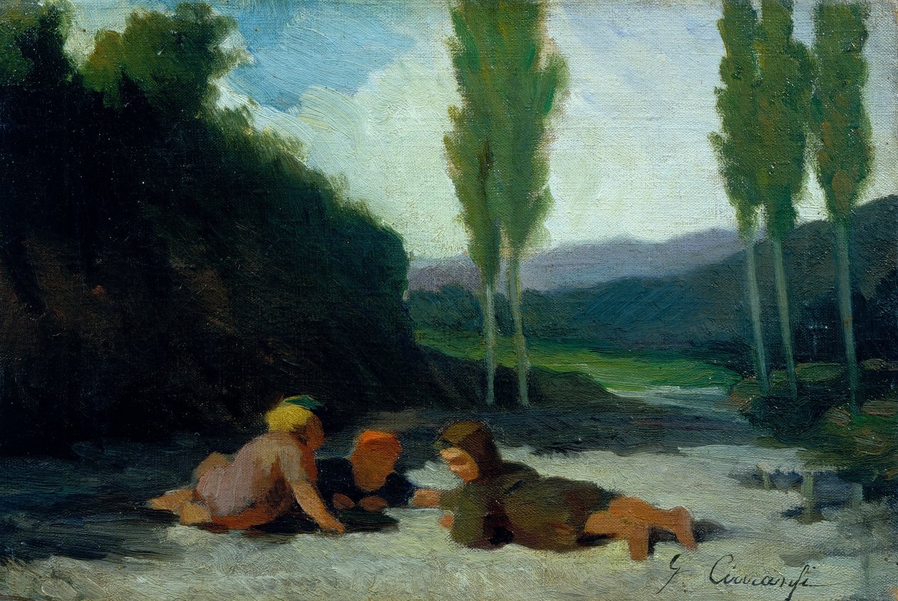 Bambini che giocano sulla riva del fiume da Giuseppe Ciaranfi