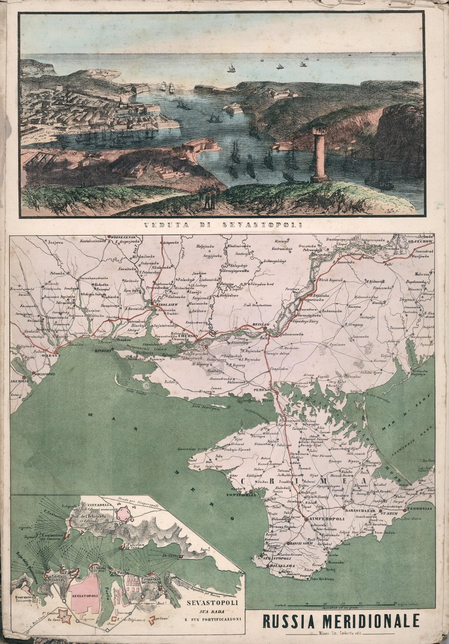 Mappa della Russia meridionale con vista sulla baia di Sebastopoli e le sue fortificazioni, 1853 da Giuseppe Civelli