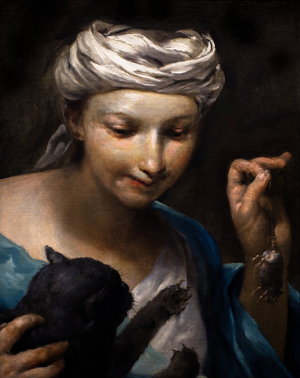 Bambina che gioca con un gatto e un topo morto (particolare) da Giuseppe Maria (1665 1747) Crespi