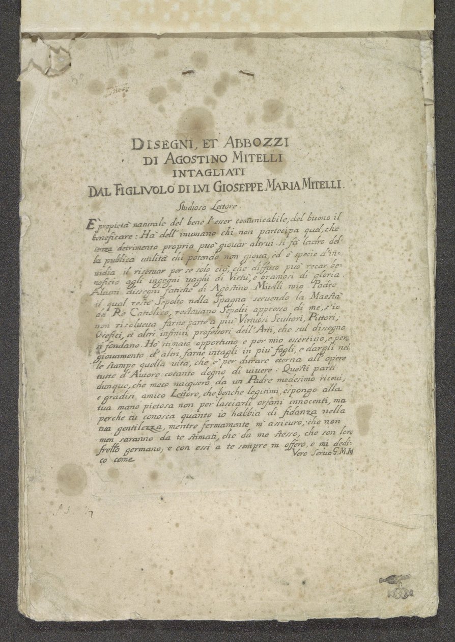 Pagina del titolo con prefazione e dedica da Giuseppe Maria Mitelli