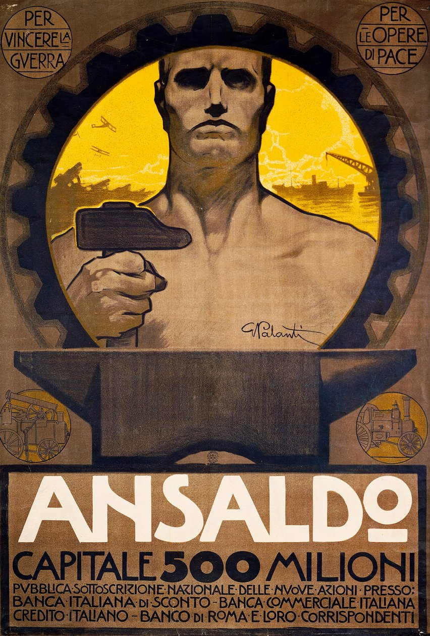Operaio con martello e incudine, manifesto di Ansaldo di Genova per la sottoscrizione di nuove azioni da Giuseppe Palanti