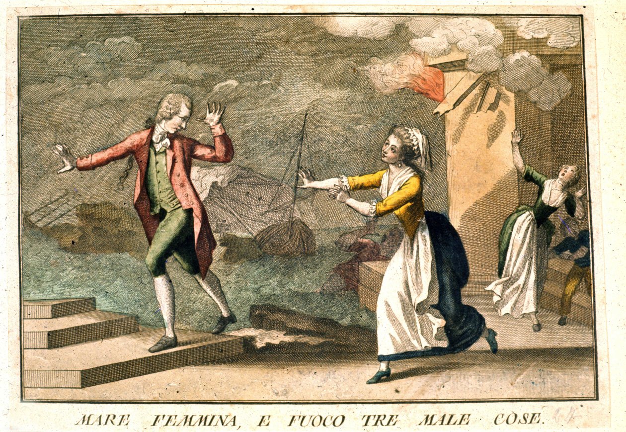 Il detto: "Il mare, le donne e il fuoco: i tre mali". Incisione del XVIII secolo che illustra una serie di proverbi. Giuseppe Piattoli da Giuseppe Piattoli